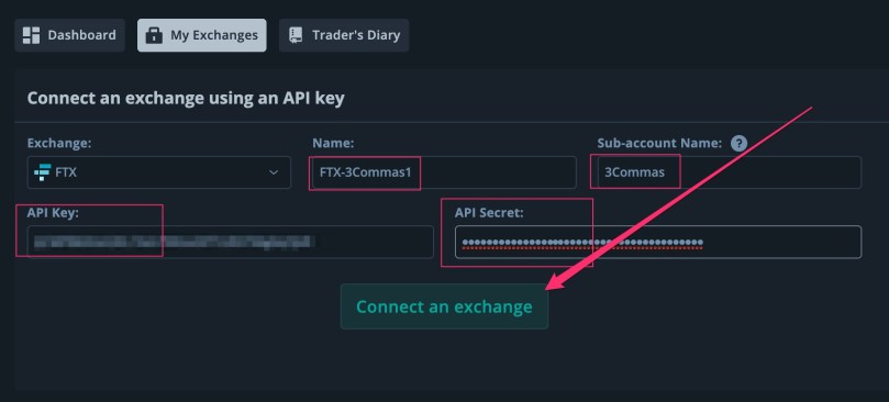 3Commas completed new exchange form