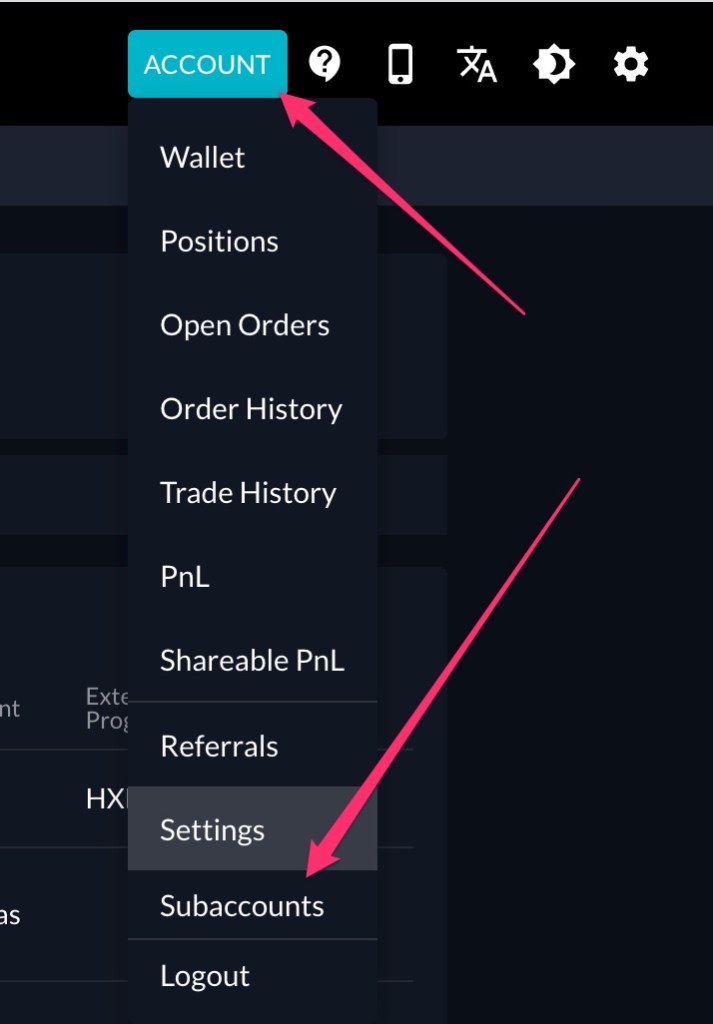 FTX dashboard subaccounts