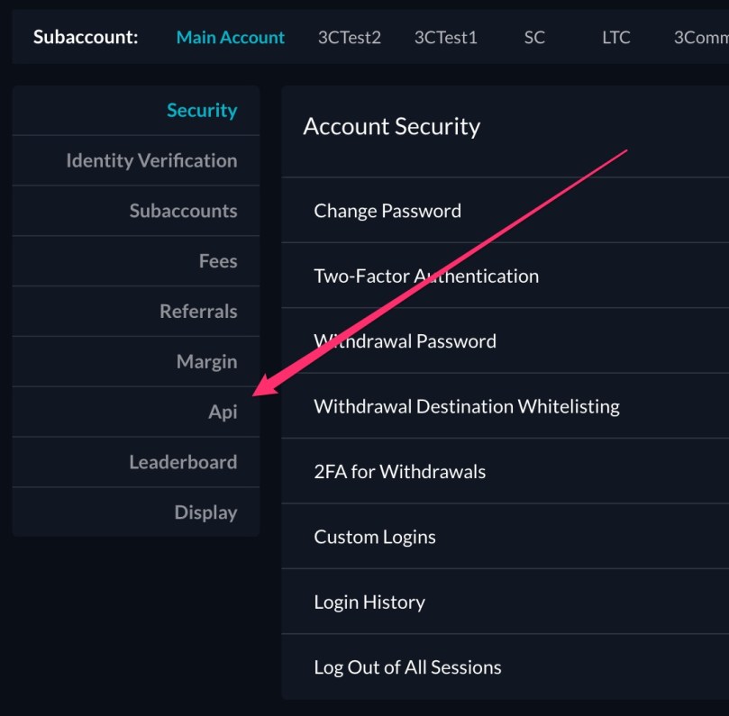 FTX dashboard click on API