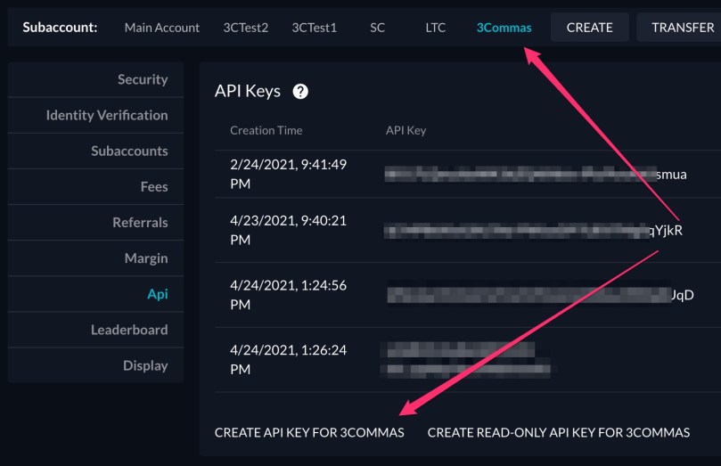 FTX dashboard click on create api key for 3commas