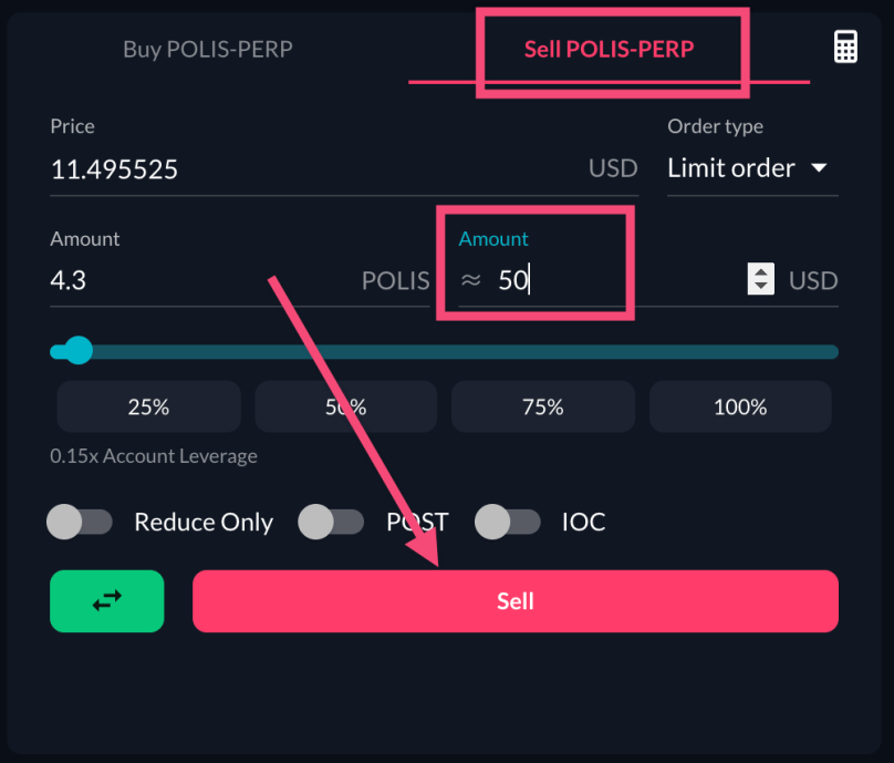 Order screen for short POLIS-PERP