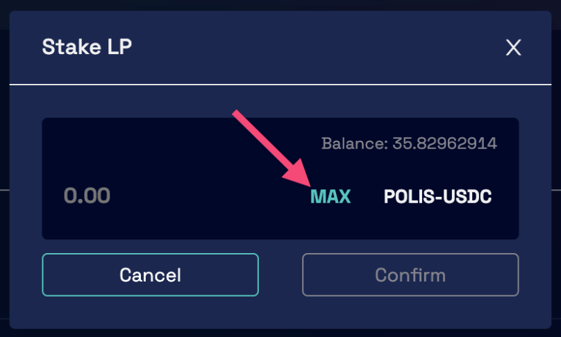 Click on Max button to stake all LP tokens for POLIS