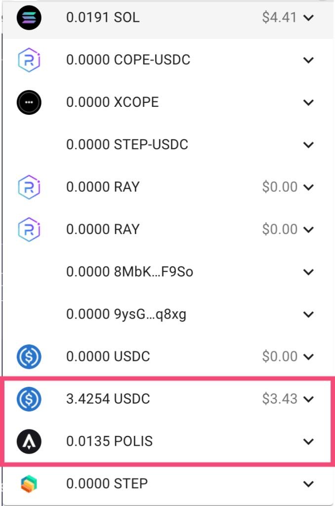 Sollet wallet after harvesting POLIS