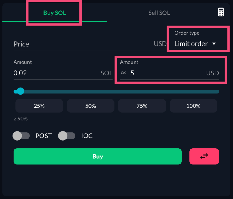 order entry details for SOL on ftx