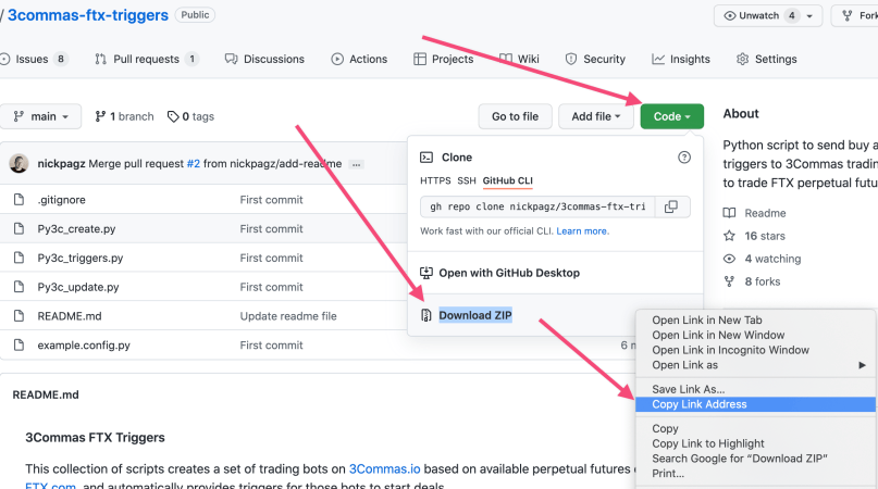 Github Code button copy link to ZIP file