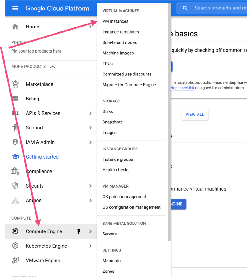 Google cloud Platform dashboard VM Instances menu