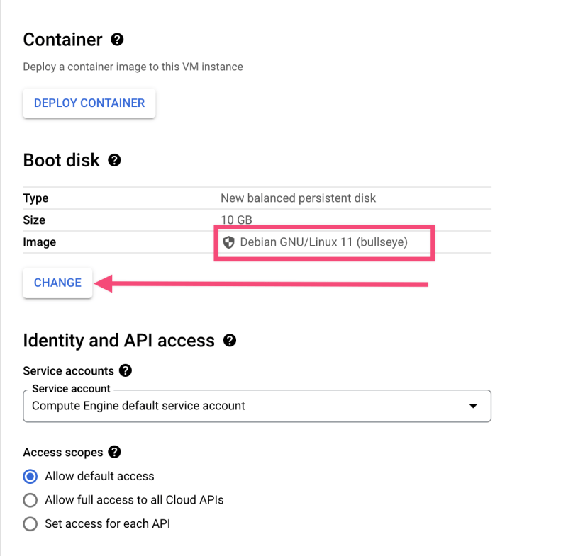 VM instance Boot disk Change button