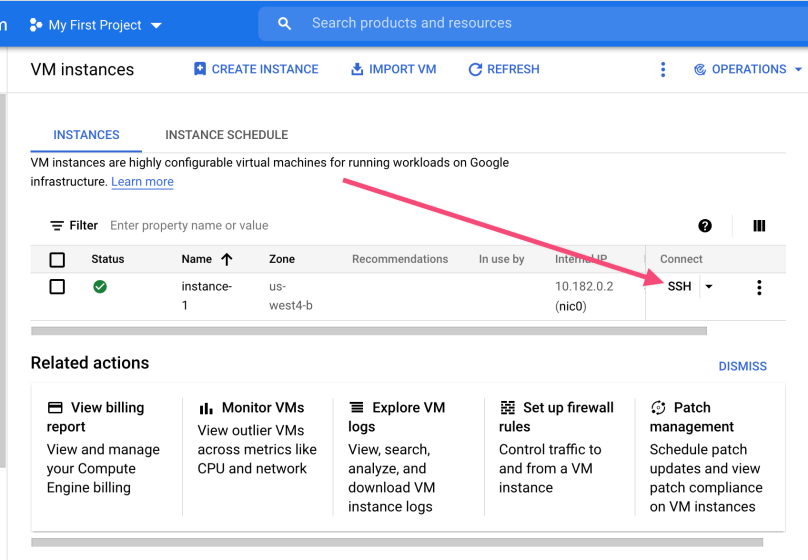 VM instance launch SSH link